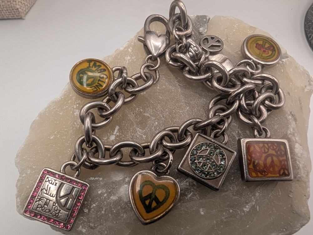 Brighon Peace Love Imagine Charm Bracelet Silver Tone Multi-Color Crystals